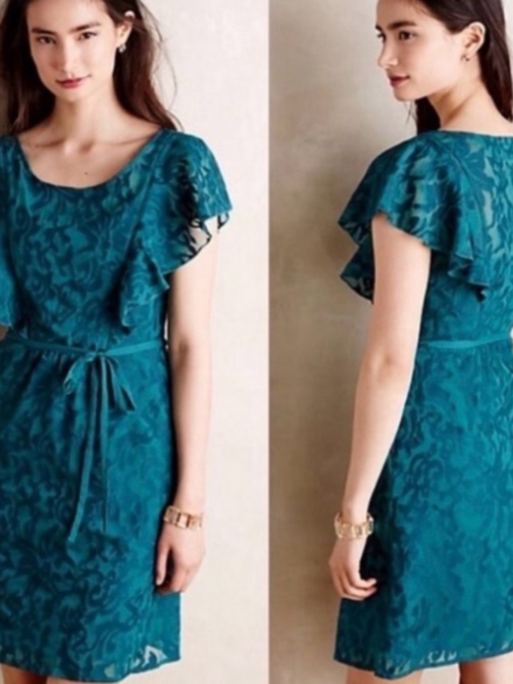 Moulinette Soeurs Teal Floral Lace Flutter-Sleeve Mini Dress